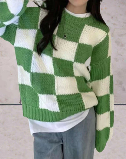 Damen Strickpullover Karo Muster Elegent - IdealeKleiden
