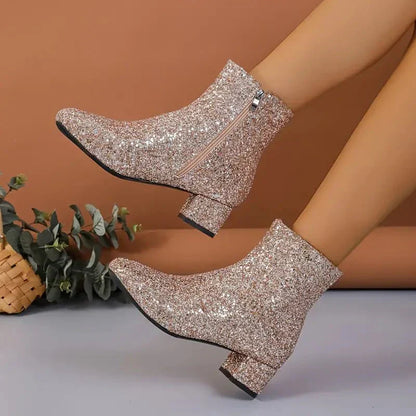 Bottines pailletées Chaussures de soirée Talon aiguille Talon carré