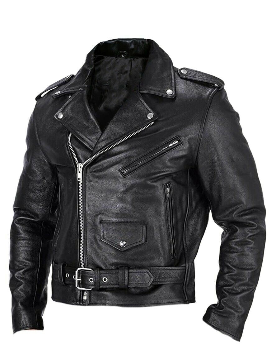 Blouson en cuir pour homme, coupe slim, style motard, col montant