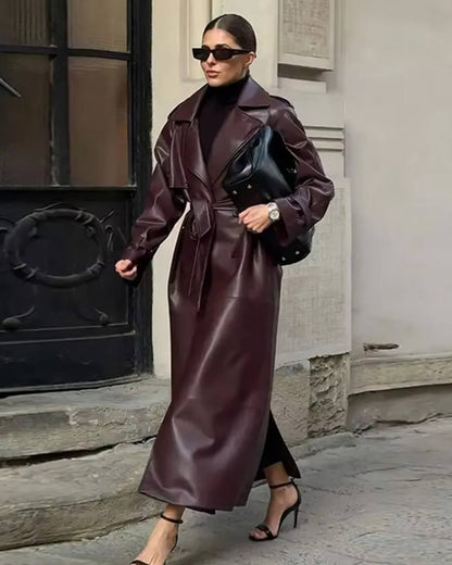 Trench-coat en similicuir noir élégant pour femme