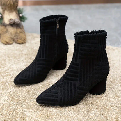 Modische Damenstiefel Hoch Blockabsatz Schwarz - IdealeKleiden
