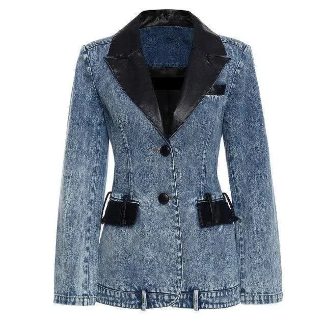 Blazer femme tendance col cuir denim élégant noir