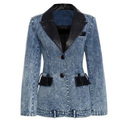 Blazer femme tendance col cuir denim élégant noir