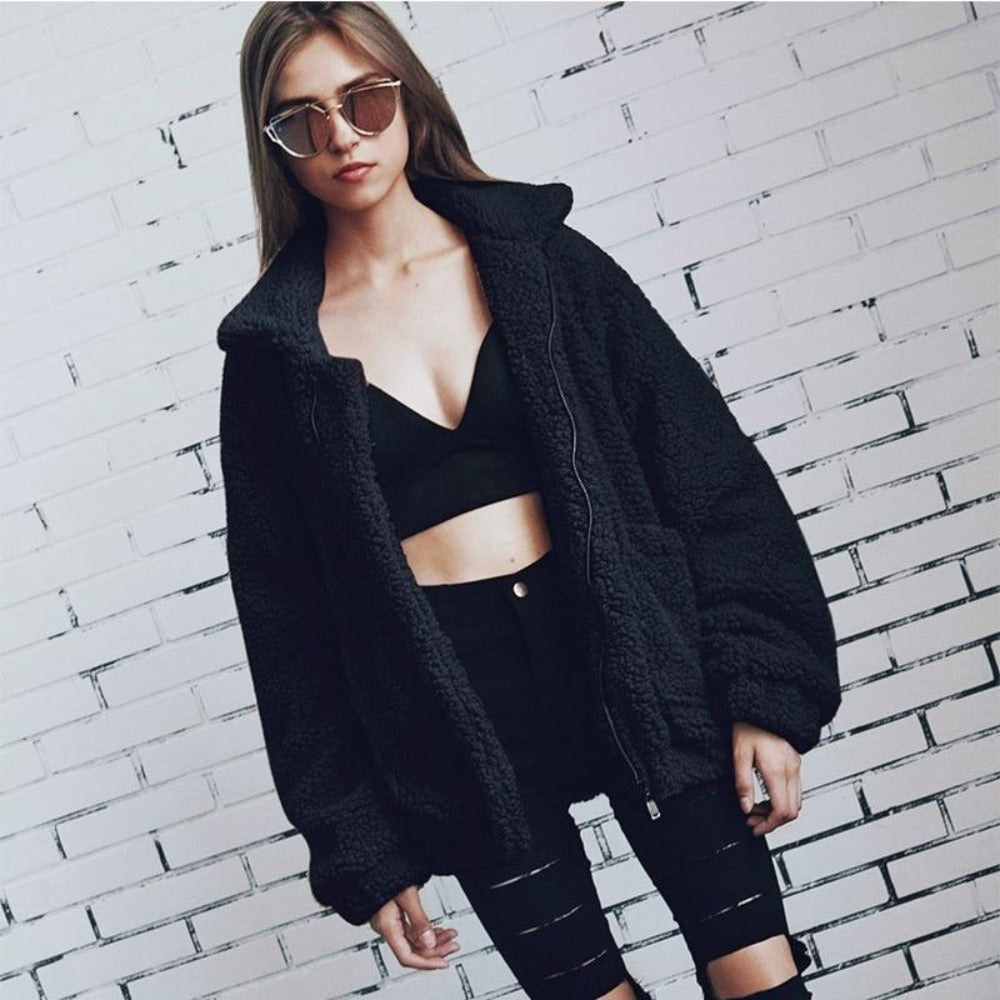 Manteau Teddy Oversize Polaire Doux Fermeture Éclair