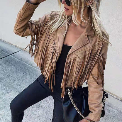 Veste femme tendance daim effet franges