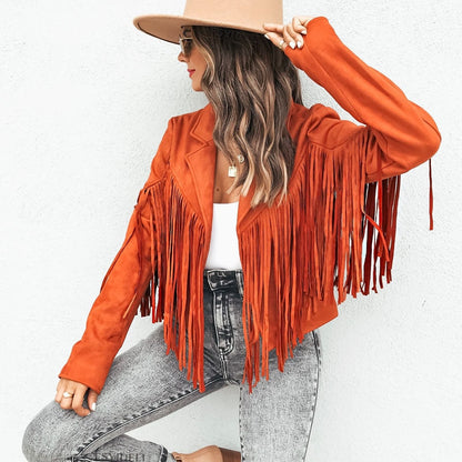 Veste femme tendance daim effet franges