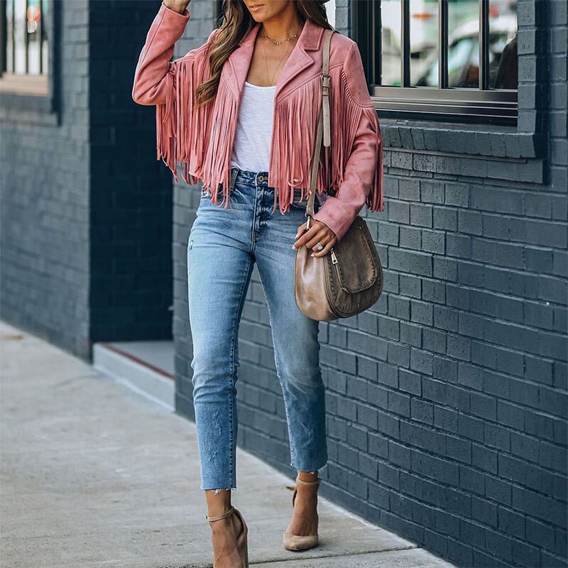 Veste femme tendance daim effet franges