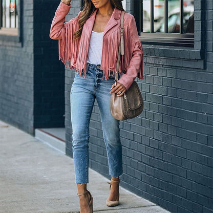 Veste femme tendance daim effet franges