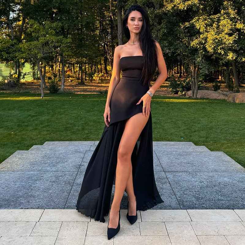 Valentina - Robe de soirée asymétrique avec traîne en mousseline de soie et fente haute