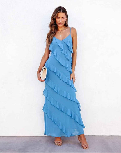 Valentina – Robe longue romantique à volants et fines bretelles