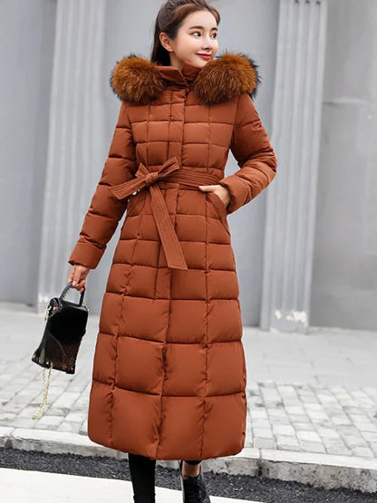 Long manteau d'hiver élégant et chaud pour femme avec ceinture