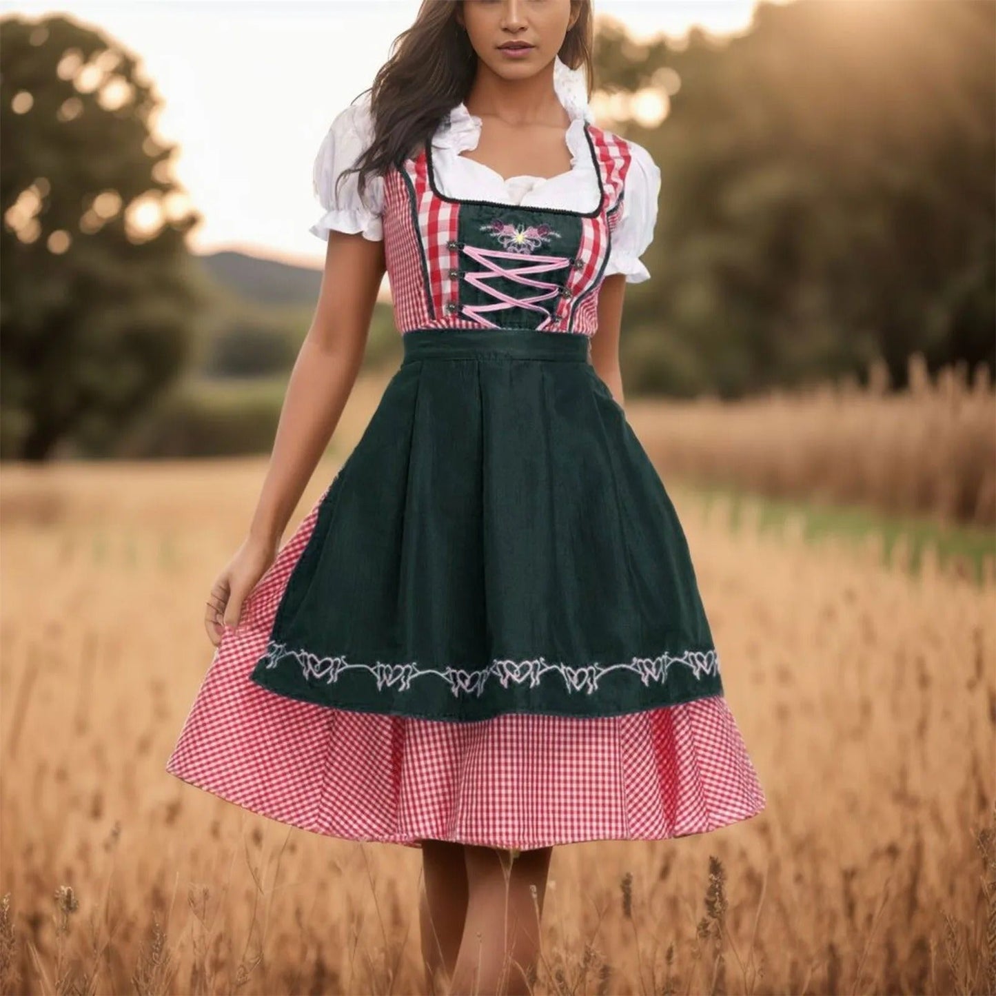 Oktoberfest Dirndl Karo Blumenmuster Kurzarm - IdealeKleiden