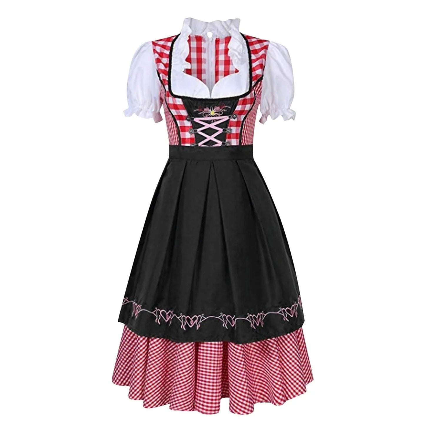 Dirndl d'Octobre à carreaux à fleurs manches courtes