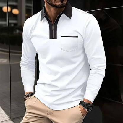 Polo homme manches longues col contrastant fermeture éclair