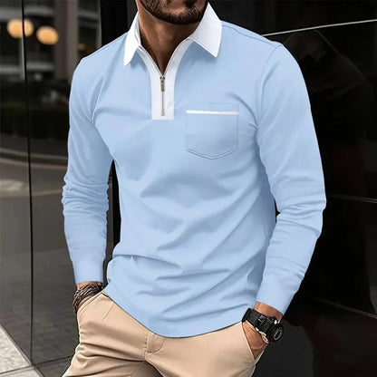 Polo homme manches longues col contrastant fermeture éclair