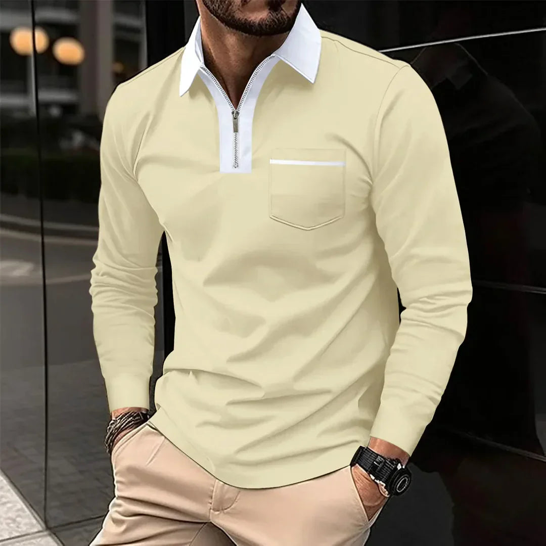 Polo homme manches longues col contrastant fermeture éclair