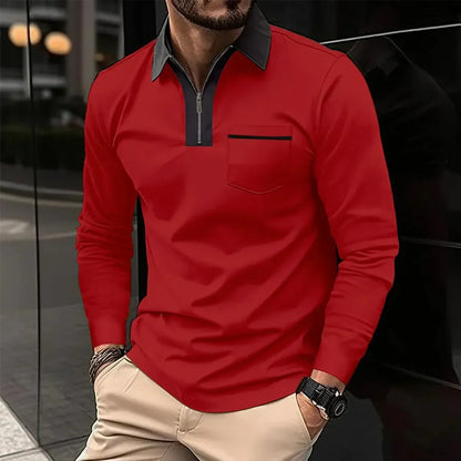 Polo homme manches longues col contrastant fermeture éclair