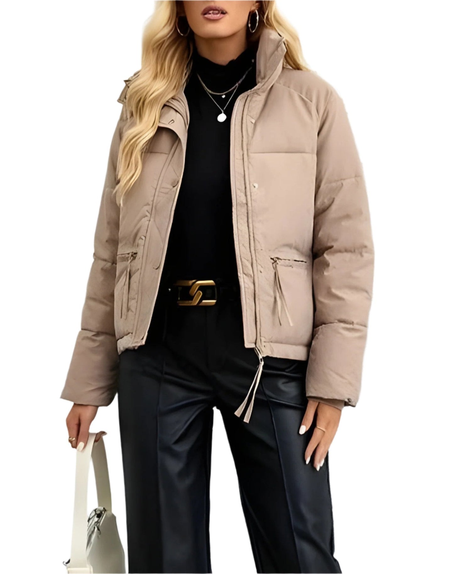 Doudoune matelassée chaude pour femme avec fermeture éclair et col montant → Veste d'hiver chaude isolée et moderne pour femme