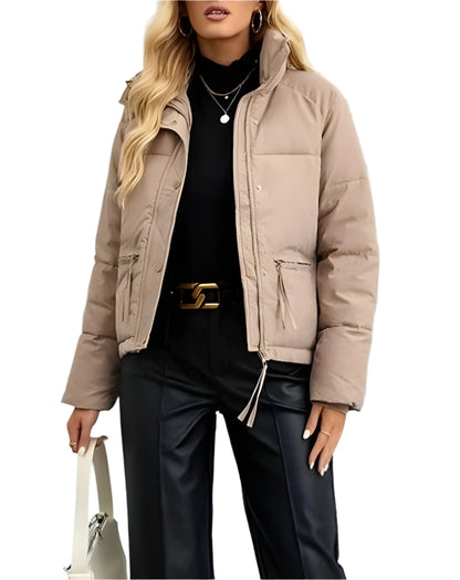 Doudoune matelassée chaude pour femme avec fermeture éclair et col montant → Veste d'hiver chaude isolée et moderne pour femme