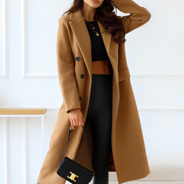 Vêtements élégants pour femmes - Manteau long en laine mélangée avec boutons et poches à rabat