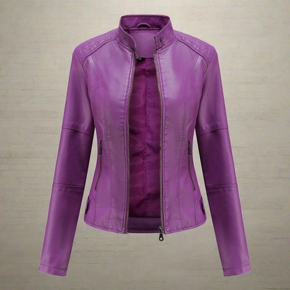 Veste en cuir slim fit style motard col montant