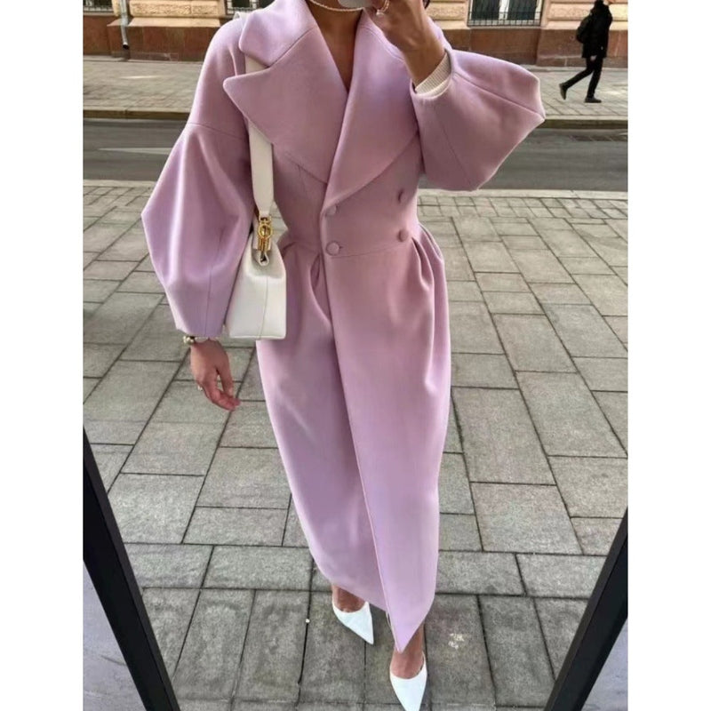 Robe longue élégante pour femme en mélange de laine, double boutonnage
