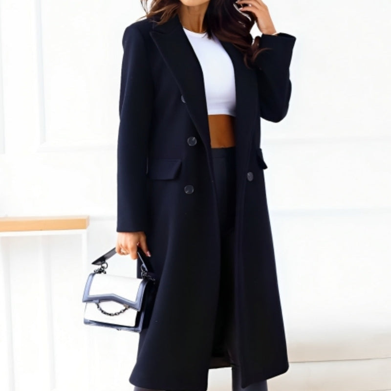 Vêtements élégants pour femmes - Manteau long en laine mélangée avec boutons et poches à rabat