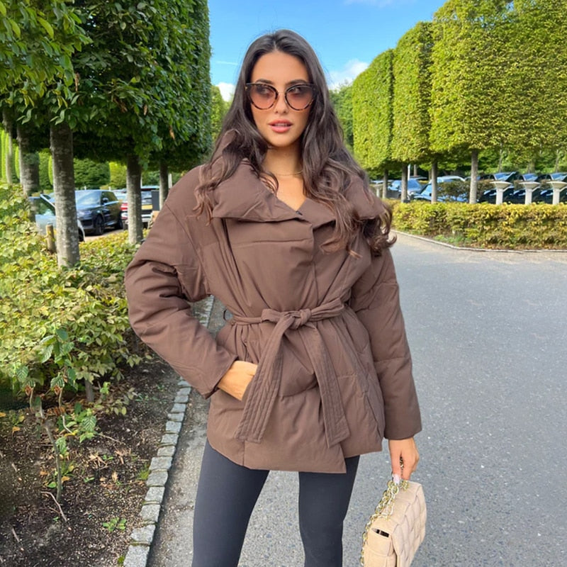 Warme Winterjacke Damen Stilvoll Gürtel - IdealeKleiden
