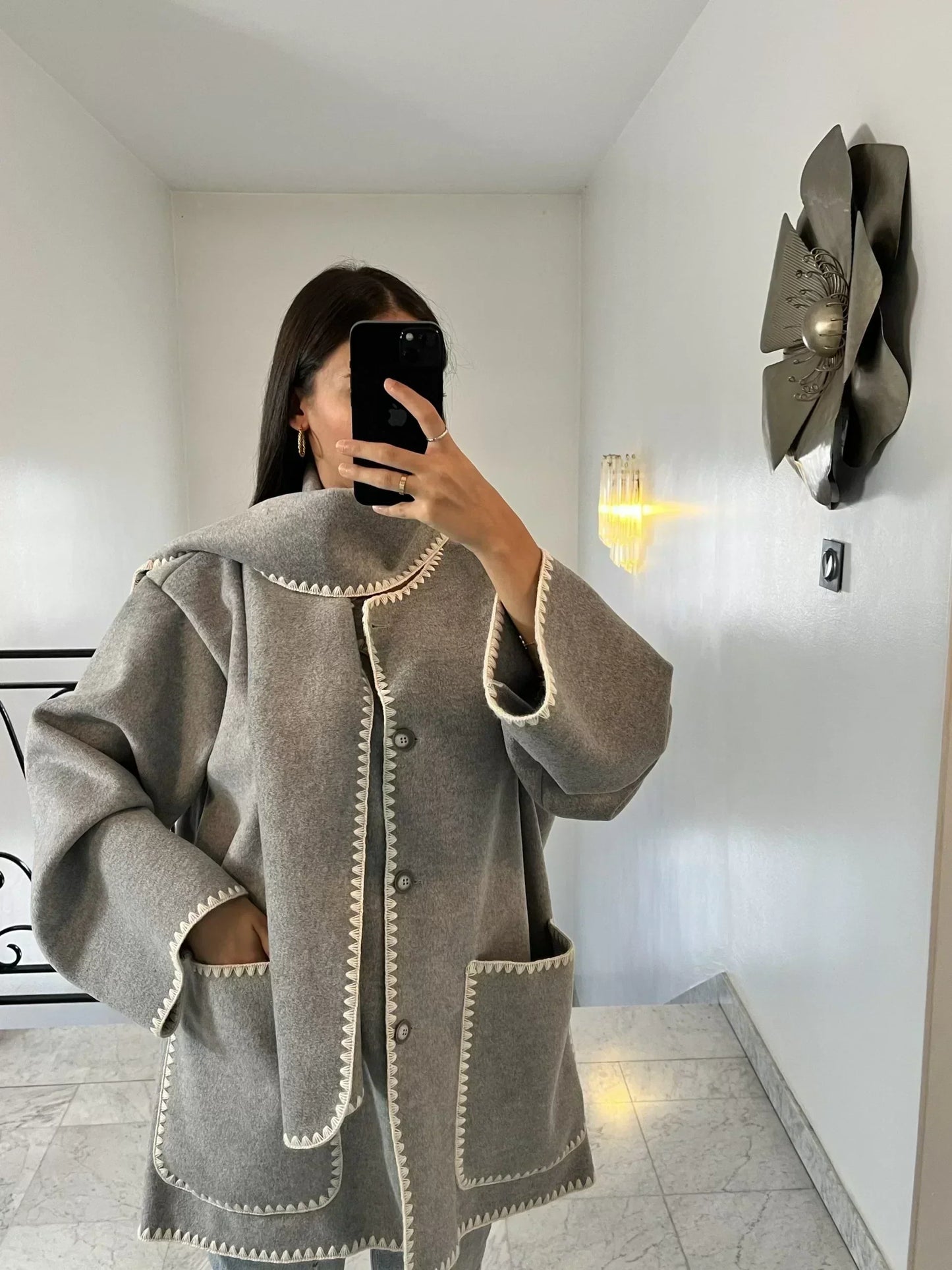 Manteau d'hiver style poncho, coupe oversize, mélange de laine