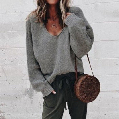 Damen Pullover Herbst Bequem V-Ausschnitt - IdealeKleiden