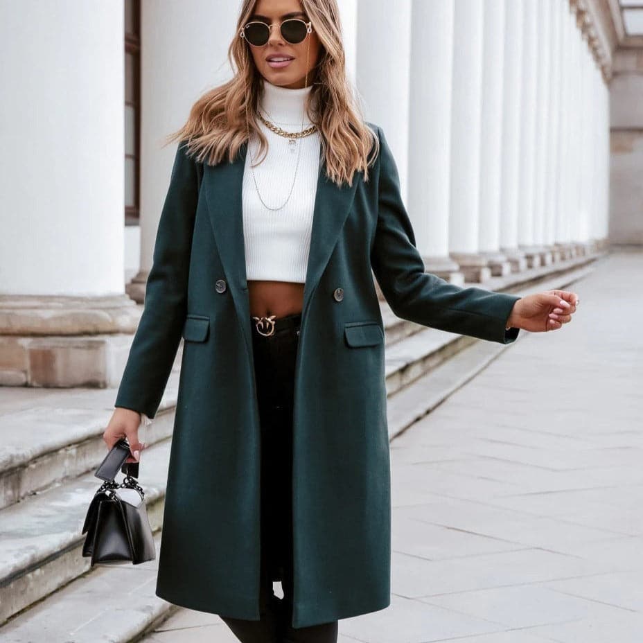 Long manteau femme en laine mélangée design classique élégant