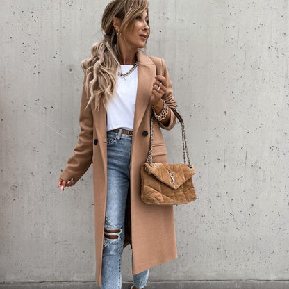 Long manteau femme en laine mélangée design classique élégant
