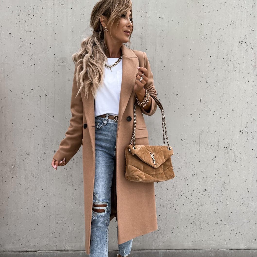 Manteau long femme cintré en mélange de laine