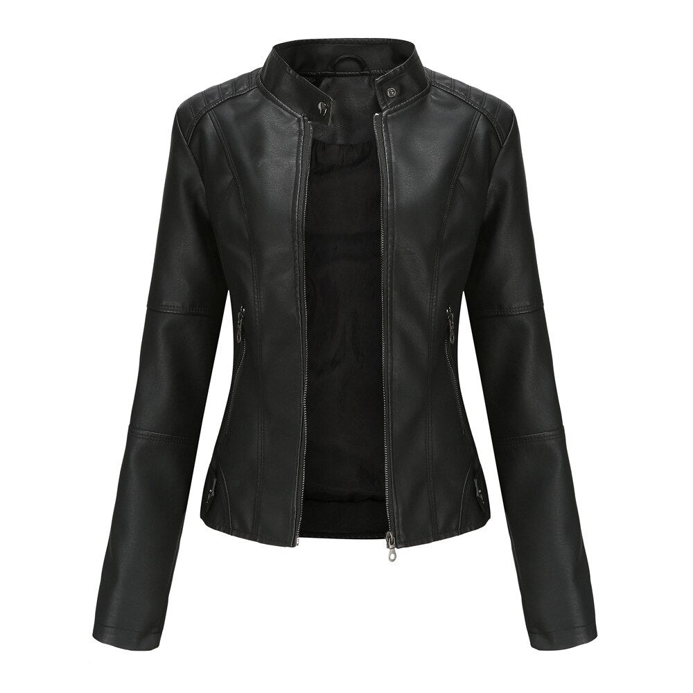 Blouson en cuir pour femme Col Mandarin Élégant
