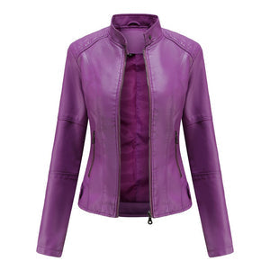 Blouson en cuir pour femme Col Mandarin Élégant
