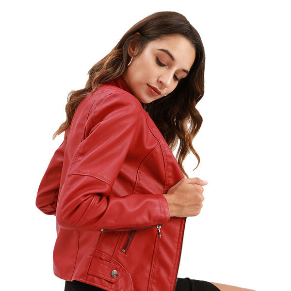 Blouson en cuir pour femme Col Mandarin Élégant