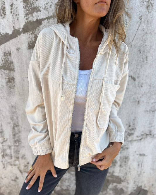 Stylische Damenjacke Retro Cord Mit Kapuze - IdealeKleiden
