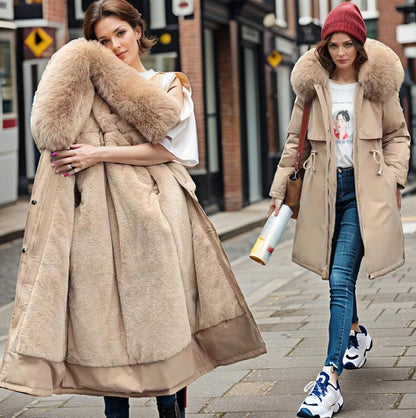 Manteau d'hiver femme mi-long avec capuche en fausse fourrure