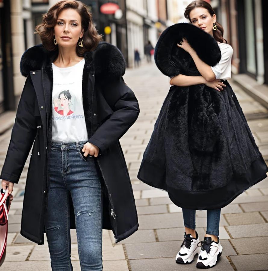 Manteau d'hiver femme mi-long avec capuche en fausse fourrure