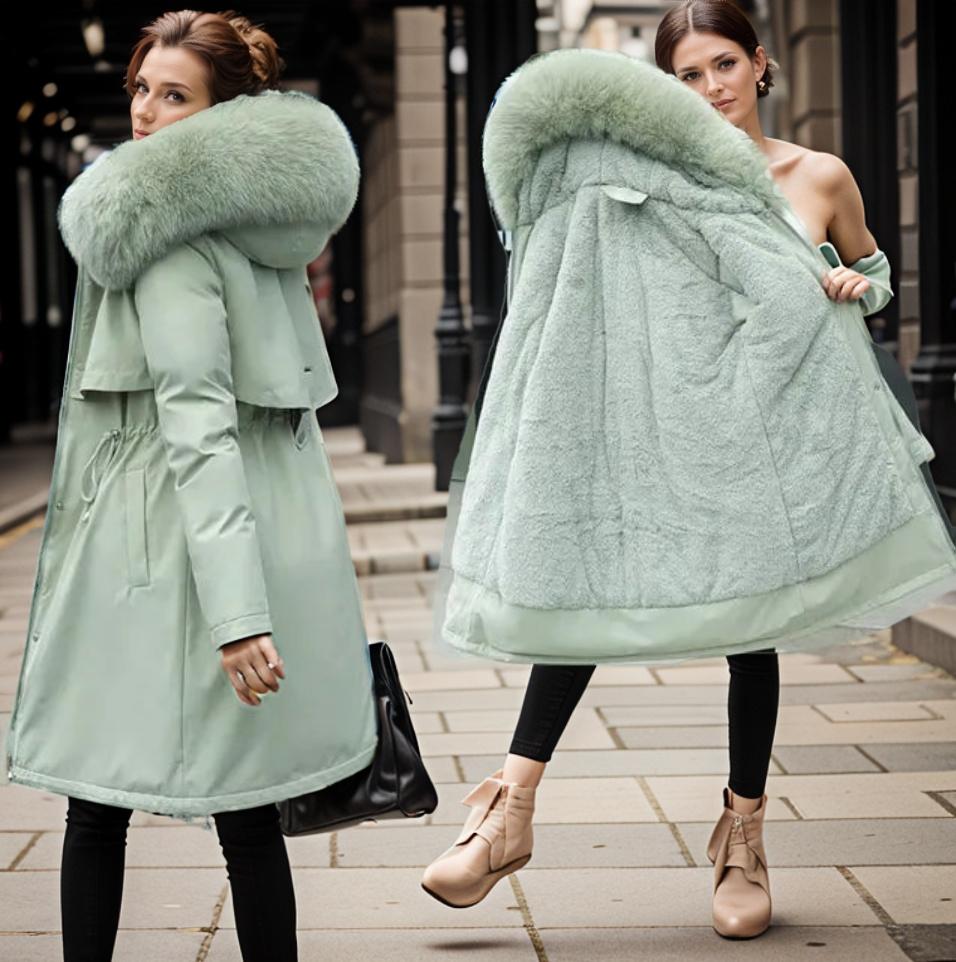 Manteau d'hiver femme mi-long avec capuche en fausse fourrure