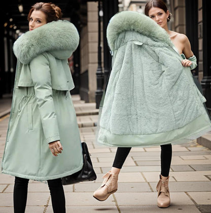 Manteau d'hiver femme mi-long avec capuche en fausse fourrure