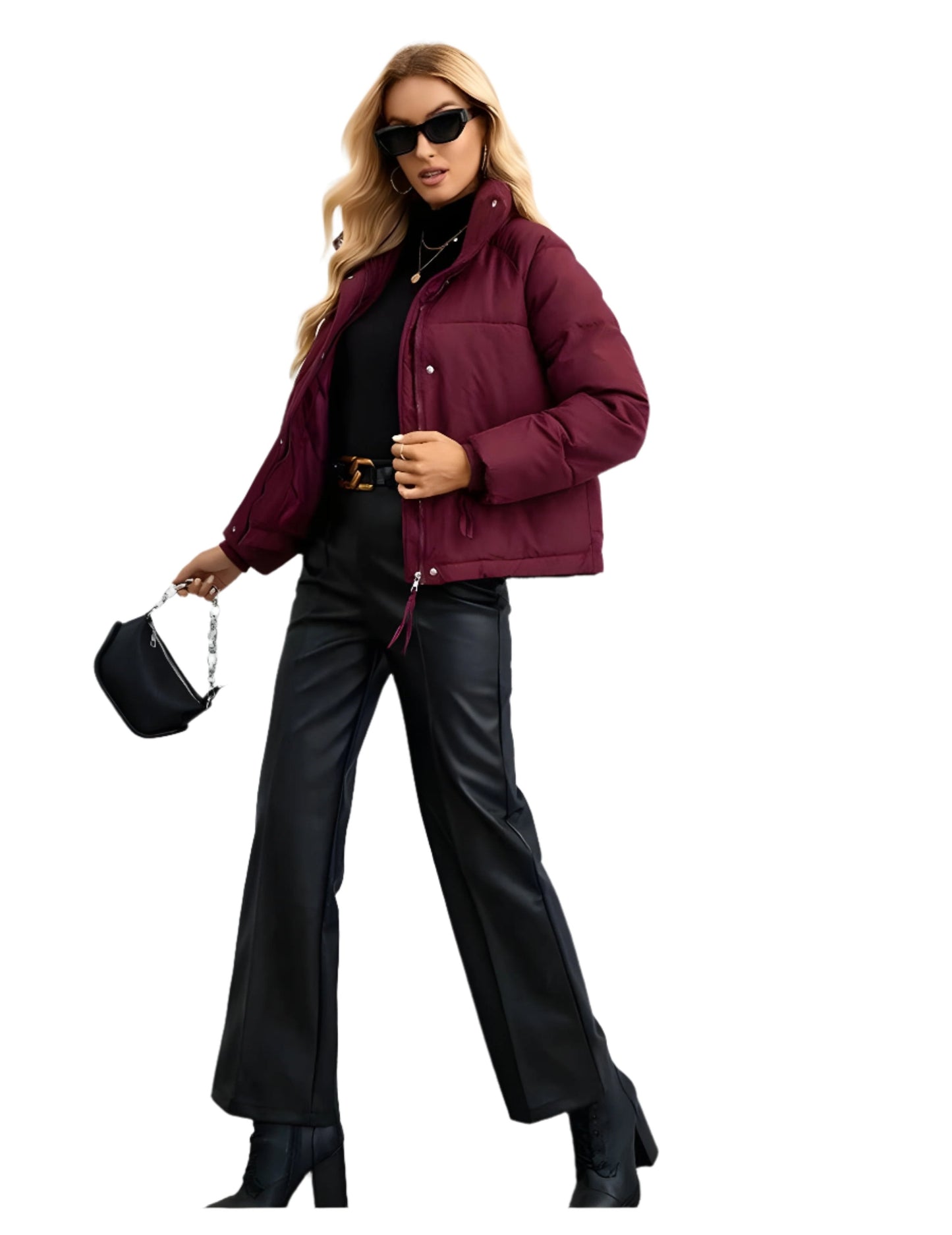 Doudoune matelassée chaude pour femme avec fermeture éclair et col montant → Veste d'hiver chaude isolée et moderne pour femme