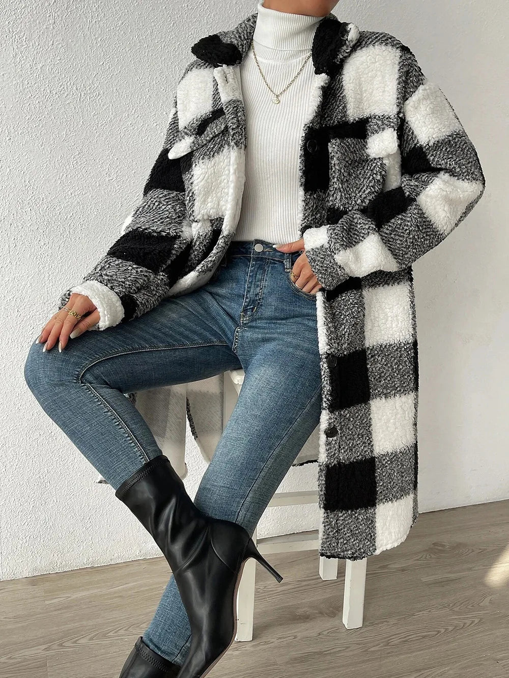 Cardigan long à carreaux pour femme