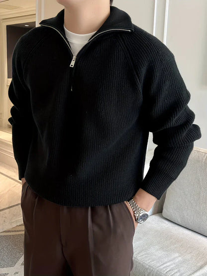 Pull tricoté stylé, demi-zip, col montant, structure côtelée