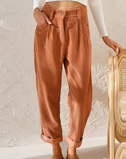 Pantalon élégant en velours côtelé taille haute pour femme